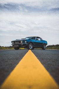 Preview wallpaper ford mustang, car, blue, side view, road, asphalt