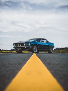 Preview wallpaper ford mustang, car, blue, side view, road, asphalt