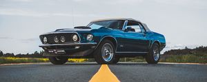 Preview wallpaper ford mustang, car, blue, side view, road, asphalt