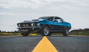 Preview wallpaper ford mustang, car, blue, side view, road, asphalt