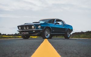 Preview wallpaper ford mustang, car, blue, side view, road, asphalt