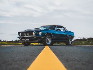 Preview wallpaper ford mustang, car, blue, side view, road, asphalt