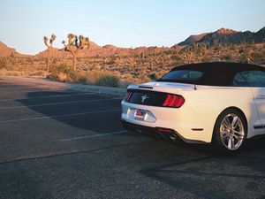 Preview wallpaper ford mustang, car, desert, rear bumper, travel