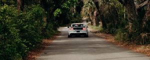 Preview wallpaper ford mustang, car, muscle car, white, road, trees