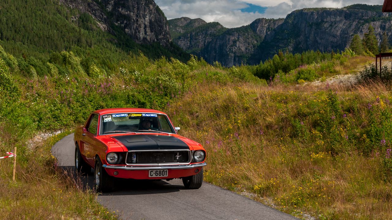 Wallpaper ford mustang, car, muscle car, red, road, mountains