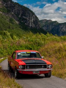 Preview wallpaper ford mustang, car, muscle car, red, road, mountains