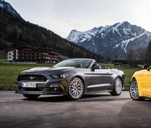 Preview wallpaper ford mustang, convertible, mountains, yellow, silver