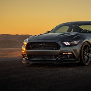 Preview wallpaper ford mustang, ford, bumper, gray, sunset