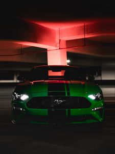 Preview wallpaper ford mustang, ford, car, green, dark, front view