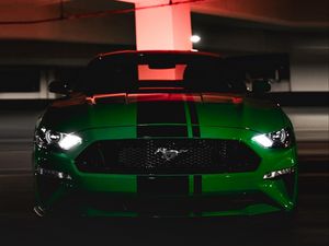 Preview wallpaper ford mustang, ford, car, green, dark, front view