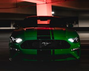 Preview wallpaper ford mustang, ford, car, green, dark, front view