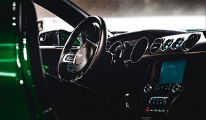 Preview wallpaper ford mustang, ford, car, salon, steering wheel, control panel