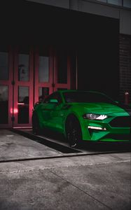 Preview wallpaper ford mustang, ford, car, green, sportscar, parking