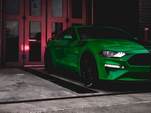 Preview wallpaper ford mustang, ford, car, green, sportscar, parking