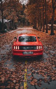 Preview wallpaper ford mustang, ford, car, sports car, red, road, autumn