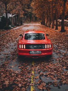 Preview wallpaper ford mustang, ford, car, sports car, red, road, autumn