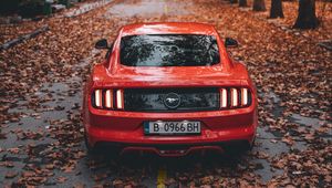 Preview wallpaper ford mustang, ford, car, sports car, red, road, autumn