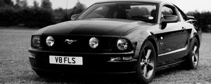 Preview wallpaper ford mustang, ford, car, black, field, black and white