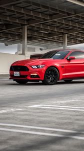 Preview wallpaper ford mustang, ford, car, red, front view, asphalt