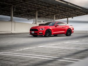 Preview wallpaper ford mustang, ford, car, red, front view, asphalt