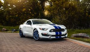 Preview wallpaper ford mustang gt350, ford, car, sportscar, white, side view