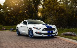 Preview wallpaper ford mustang gt350, ford, car, sportscar, white, side view