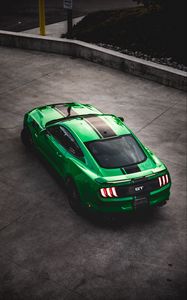 Preview wallpaper ford mustang gt, ford, car, green, sportscar, aerial view