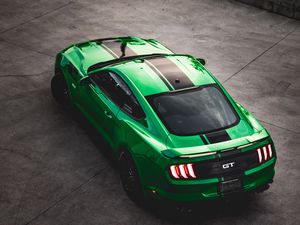 Preview wallpaper ford mustang gt, ford, car, green, sportscar, aerial view