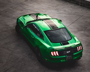 Preview wallpaper ford mustang gt, ford, car, green, sportscar, aerial view