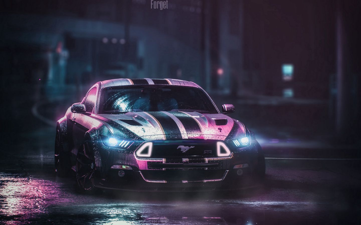 Download wallpaper 1440x900 ford mustang gtr, ford, car, neon, night, wet  widescreen 16:10 hd background
