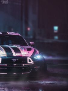 Preview wallpaper ford mustang gtr, ford, car, neon, night, wet