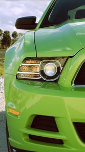 Preview wallpaper ford mustang, headlight, green, front view, sports car
