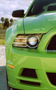 Preview wallpaper ford mustang, headlight, green, front view, sports car