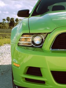 Preview wallpaper ford mustang, headlight, green, front view, sports car