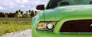 Preview wallpaper ford mustang, headlight, green, front view, sports car