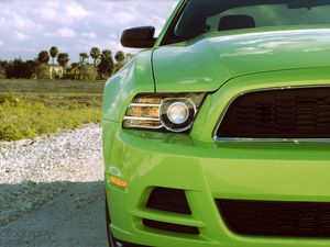 Preview wallpaper ford mustang, headlight, green, front view, sports car