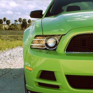 Preview wallpaper ford mustang, headlight, green, front view, sports car