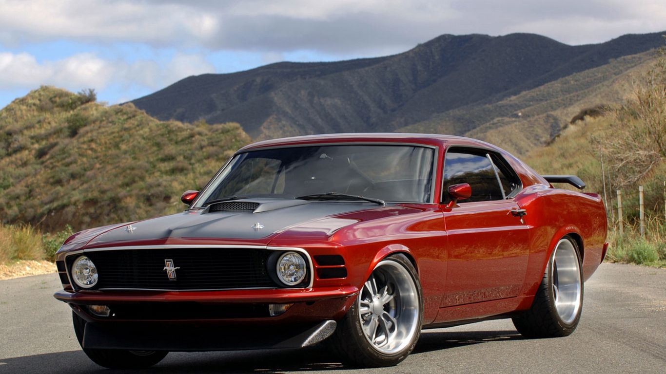 Download wallpaper 1366x768 ford, mustang, muscle car, red, side view  tablet, laptop hd background