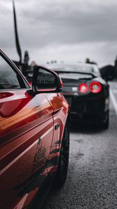 Preview wallpaper ford mustang, nissan gtr, cars, red, black, road