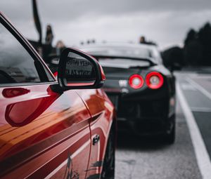 Preview wallpaper ford mustang, nissan gtr, cars, red, black, road