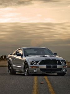 Preview wallpaper ford, mustang, shelby, silver, muscle car, road, sunset