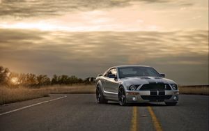 Preview wallpaper ford, mustang, shelby, silver, muscle car, road, sunset