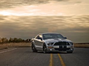 Preview wallpaper ford, mustang, shelby, silver, muscle car, road, sunset