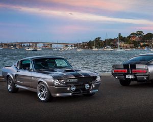 Preview wallpaper ford, mustang, silver, sea