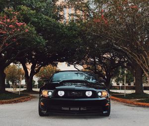 Preview wallpaper ford mustang, sports car, front view, black, trees