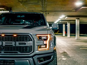 Preview wallpaper ford raptor, ford, car, suv, gray, parking, front view