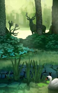 Preview wallpaper forest, art, deer, swan, pond, trees