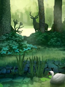 Preview wallpaper forest, art, deer, swan, pond, trees