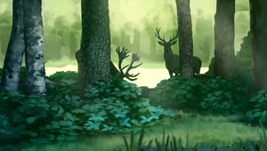 Preview wallpaper forest, art, deer, swan, pond, trees