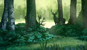 Preview wallpaper forest, art, deer, swan, pond, trees